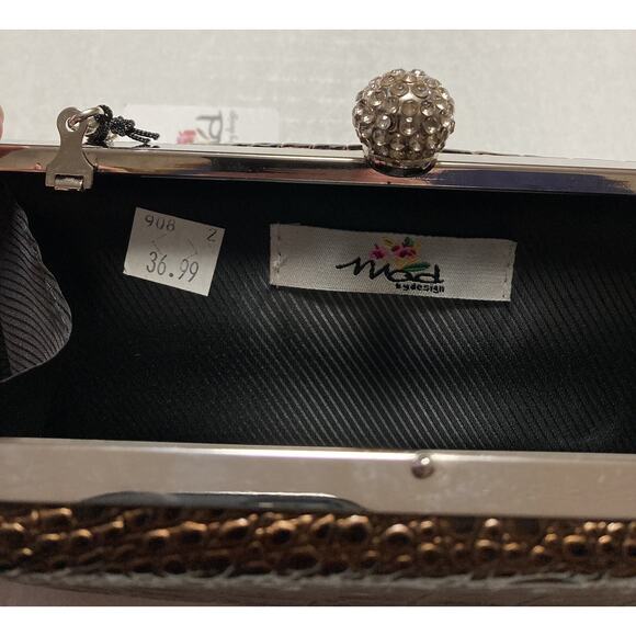 Vintage Womens Mad by Design Clutch Purse Snail Chain Rhinestone Knob Brown NOS - Picture 5 of 15